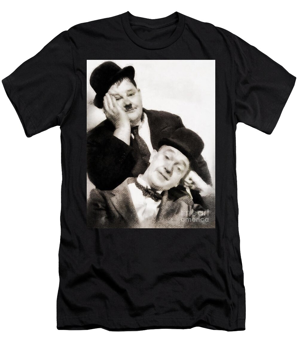 Hollywood T-Shirt featuring the painting Laurel and Hardy, Vintage Comedians by Esoterica Art Agency