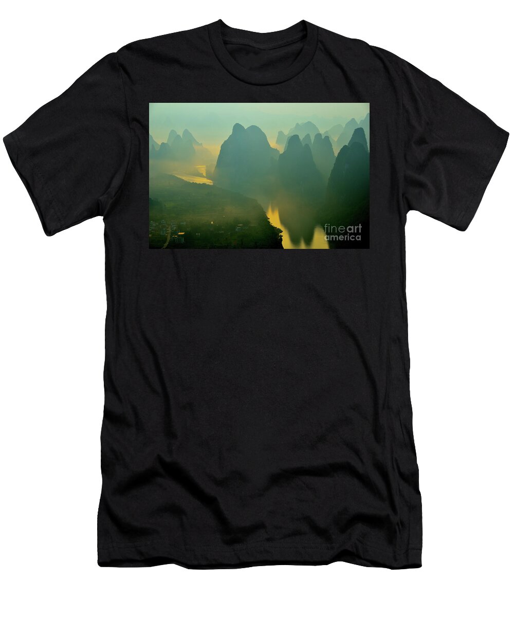 Li River T-Shirt featuring the photograph Li River at Dawn by Yinguo Huang