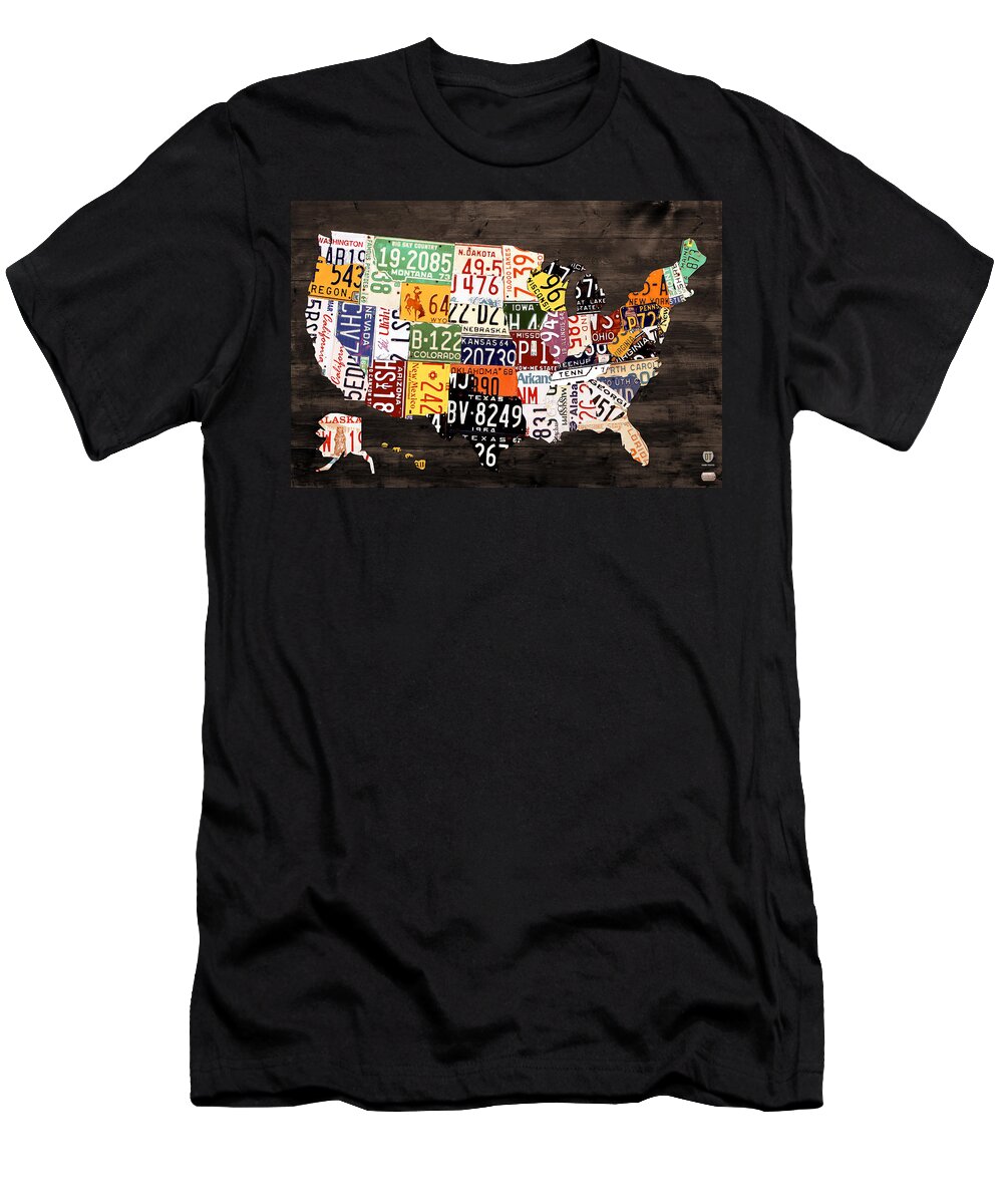License Plate Map T-Shirt featuring the mixed media License Plate Map of The United States - Warm Colors / Black Edition by Design Turnpike