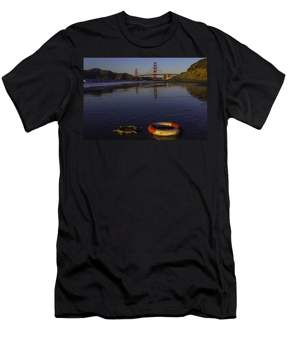 Golden Gate Bridge Tower Blue Sky T-Shirt featuring the photograph Life Ring And Ships Wheel by Garry Gay