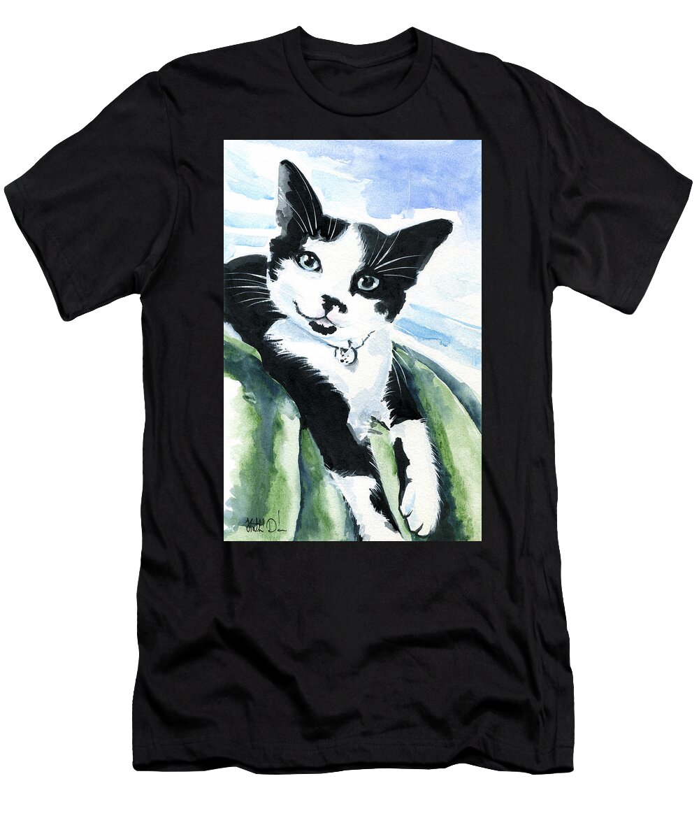 Cat T-Shirt featuring the painting Lil Kittens Can Smile - Tuxedo Cat Portrait by Dora Hathazi Mendes