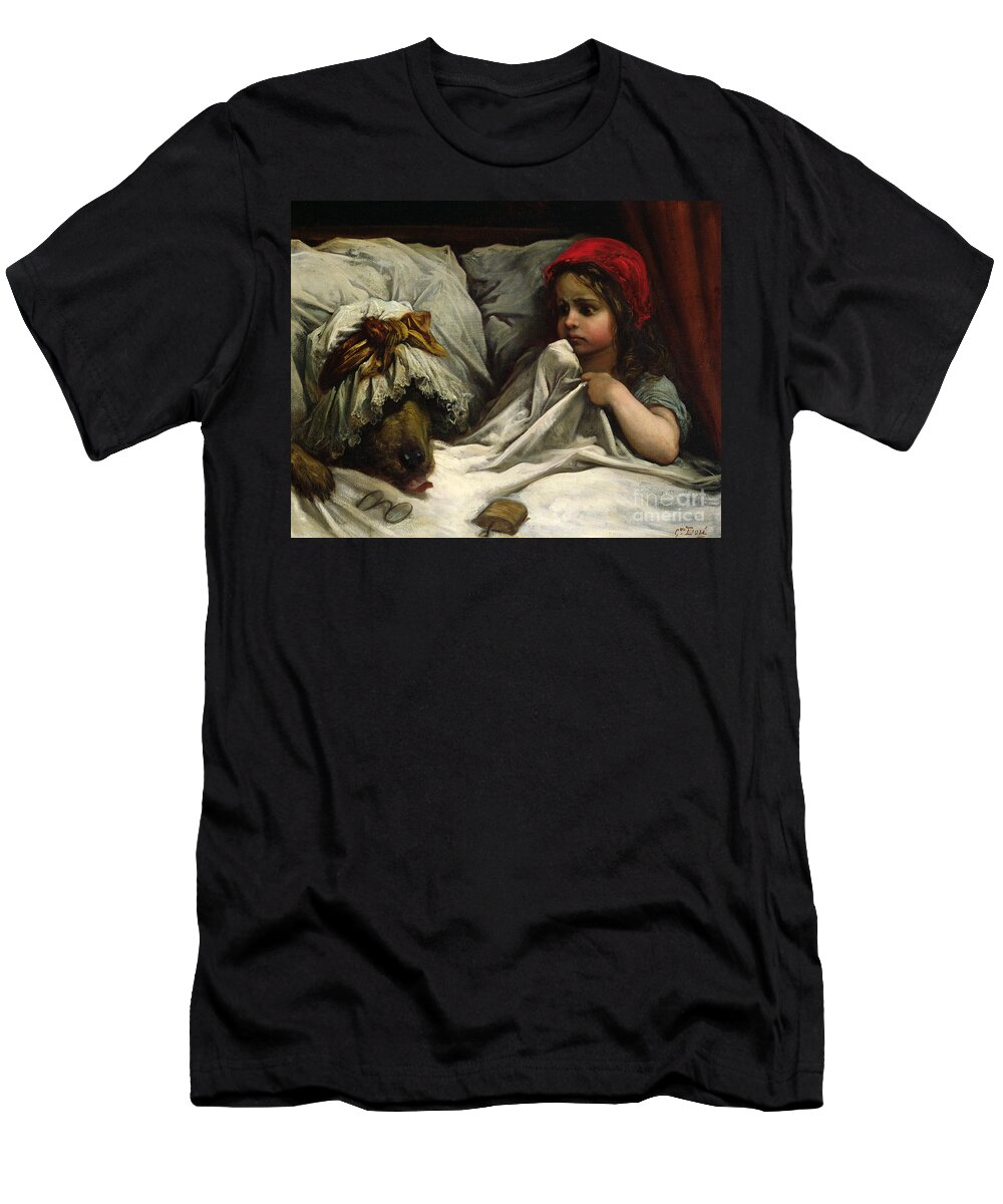 Wolf; Disguise; Child; Girl; Fairy Tale; Story; Glasses; Bed; Nightcap; Fear T-Shirt featuring the painting Little Red Riding Hood by Gustave Dore