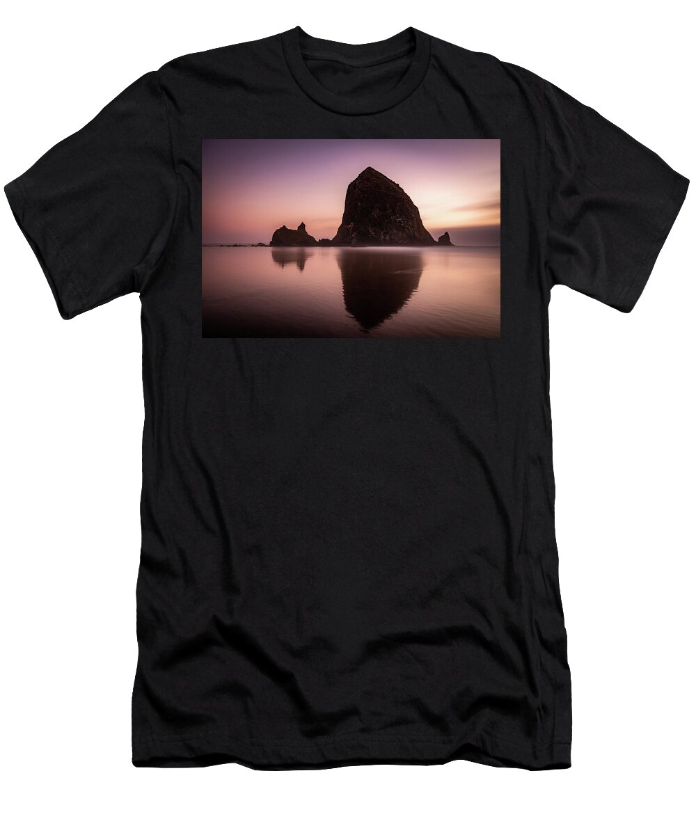 Haystack Rock T-Shirt featuring the photograph Long exposure of Haystack Rock at Sunset by Pierre Leclerc Photography