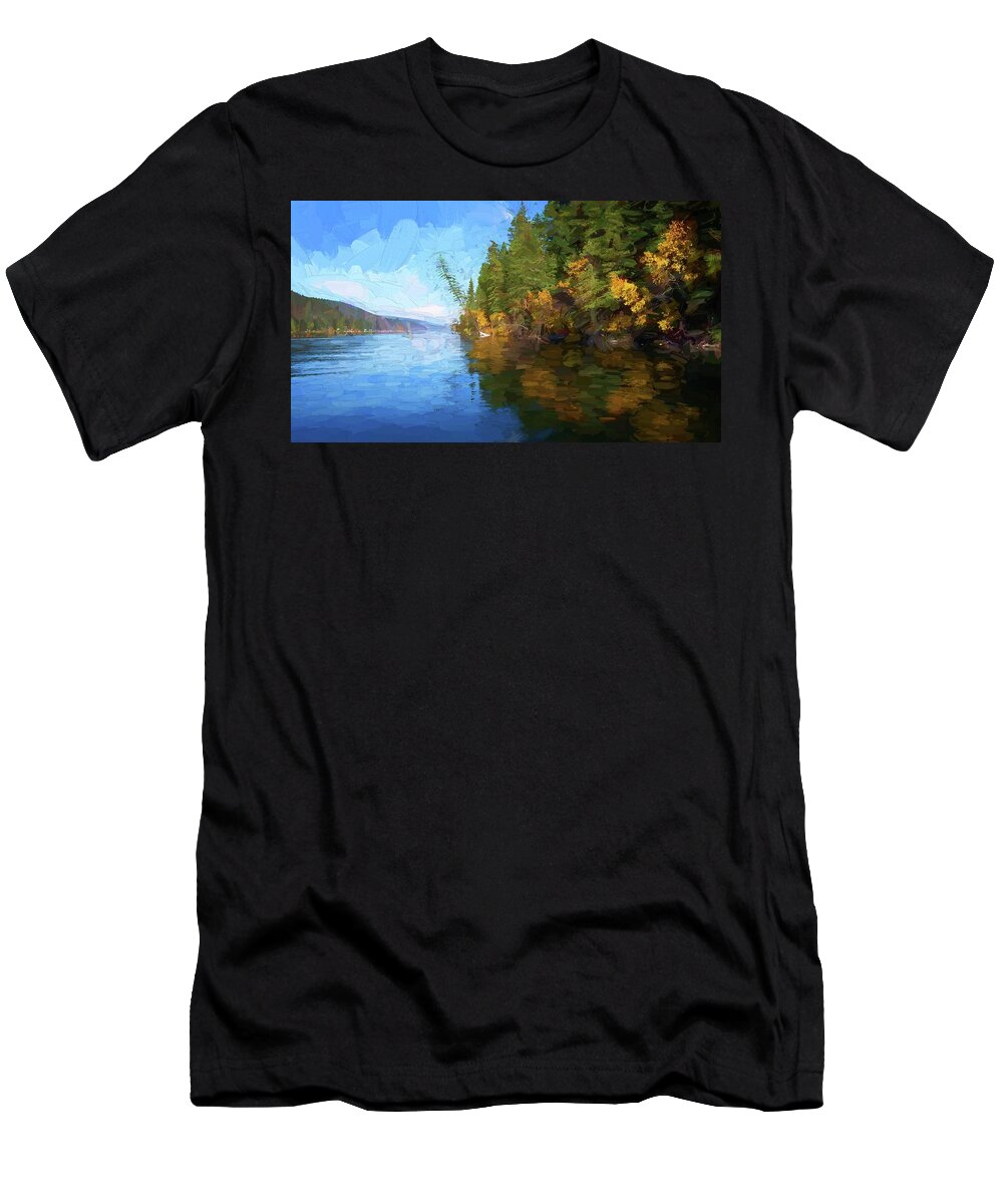 Photopainting T-Shirt featuring the photograph Loon Lake Autumn Oil Painting by Allan Van Gasbeck