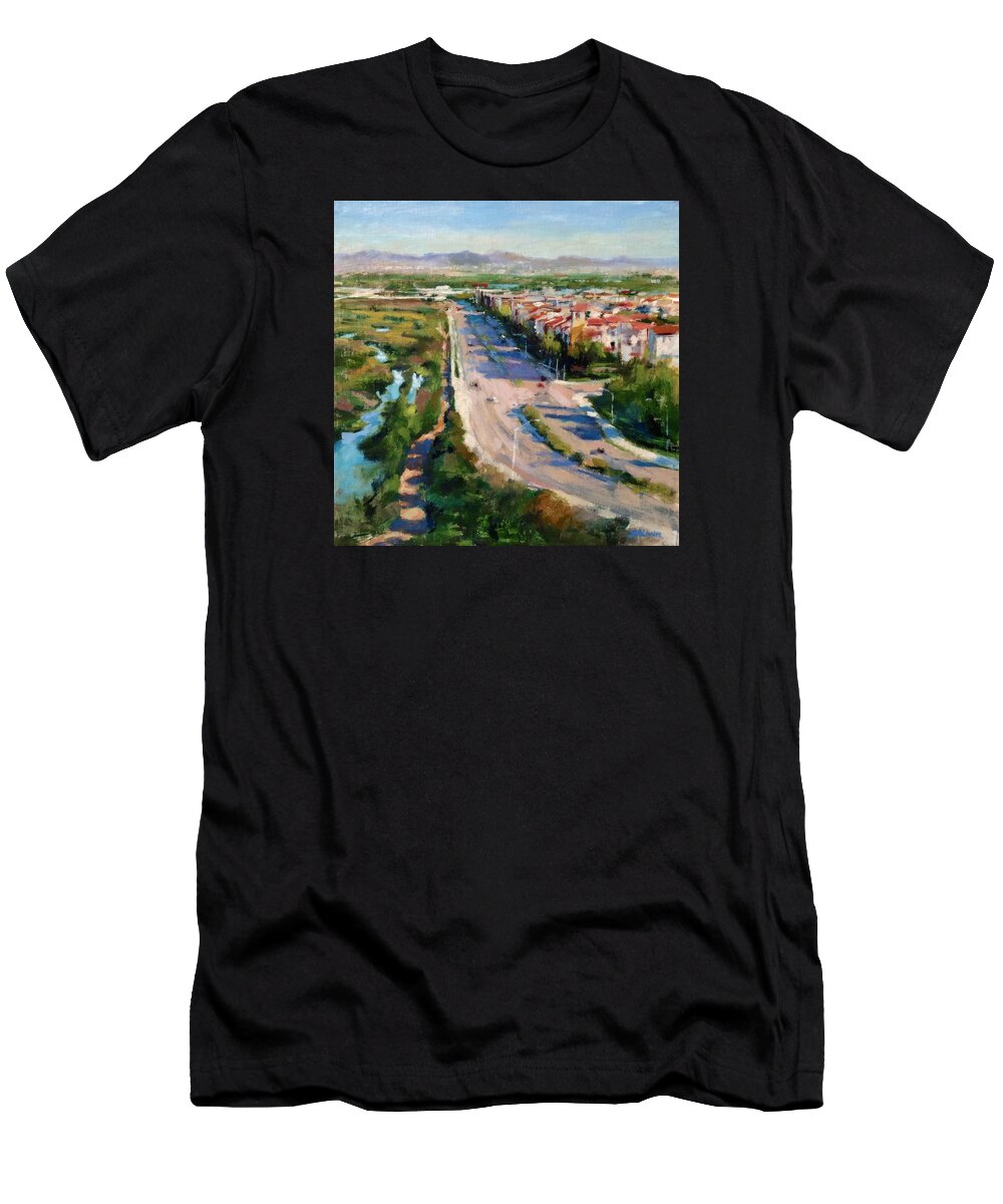 California T-Shirt featuring the painting Los Angeles - Playa Vista from South Bluff Trail Road by Peter Salwen