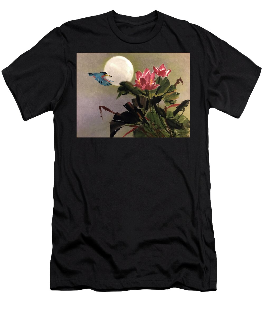 Lotus T-Shirt featuring the painting Lotus and Kingfisher by Charlene Fuhrman-Schulz