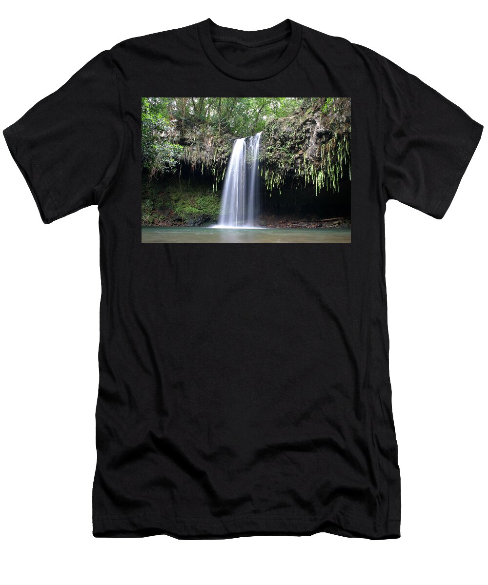 Twin Falls T-Shirt featuring the photograph Lush tropical waterfall Twin Falls on Maui Hawaii by Pierre Leclerc Photography