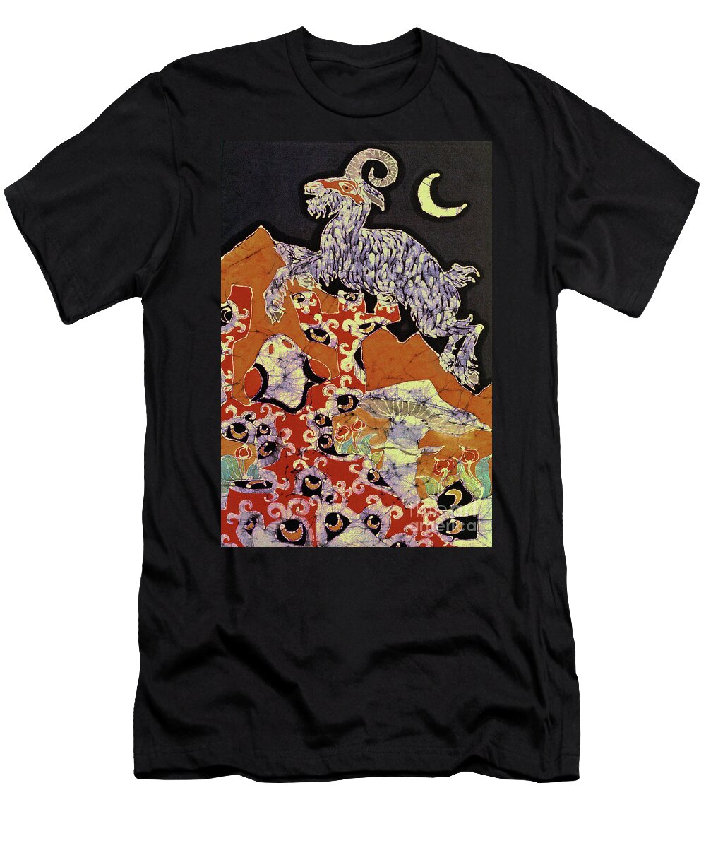Batik T-Shirt featuring the tapestry - textile Magic Frog with Goat by Carol Law Conklin