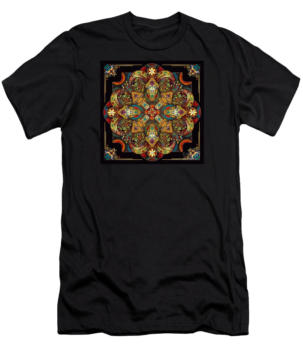 Mandala T-Shirt featuring the digital art Mandala Sacred Rams - Dark Version by Peter Awax