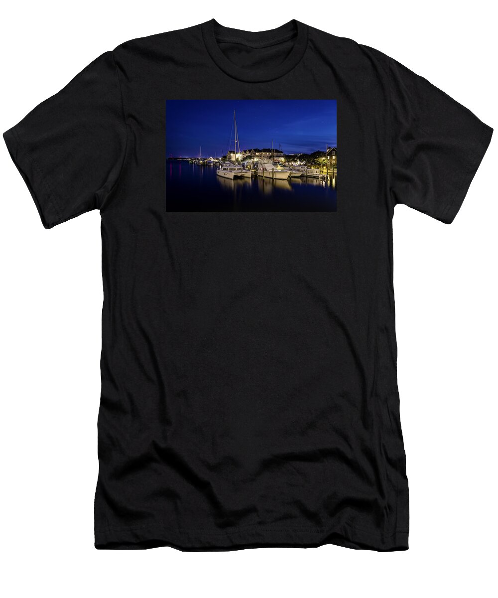 Manteo Waterfront Marina T-Shirt featuring the photograph Manteo Waterfront Marina at Night by Greg Reed
