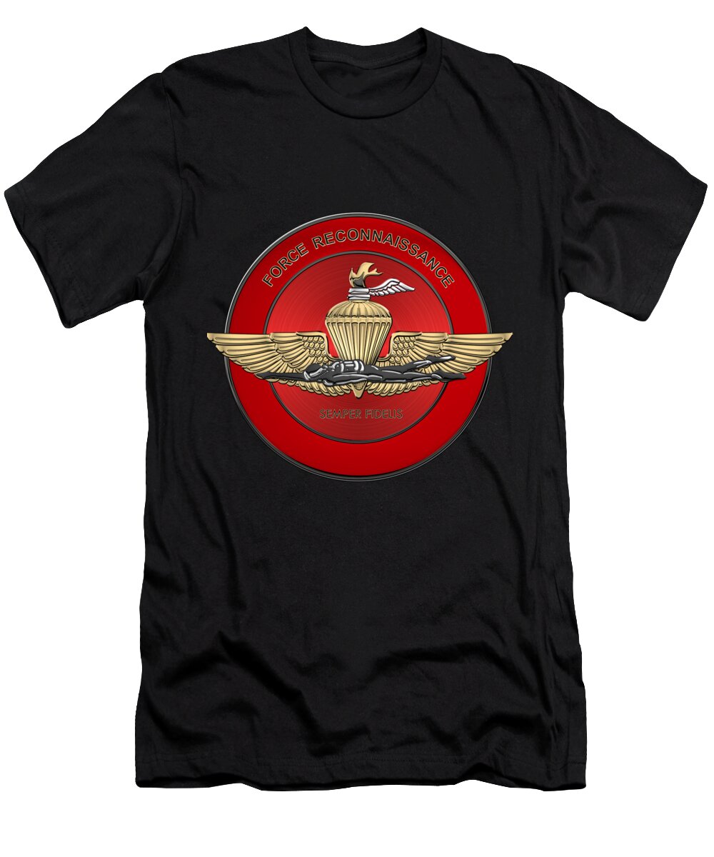 'military Insignia & Heraldry' Collection By Serge Averbukh T-Shirt featuring the digital art Marine Force Reconnaissance - U S M C  F O R E C O N Insignia over Black Velvet by Serge Averbukh