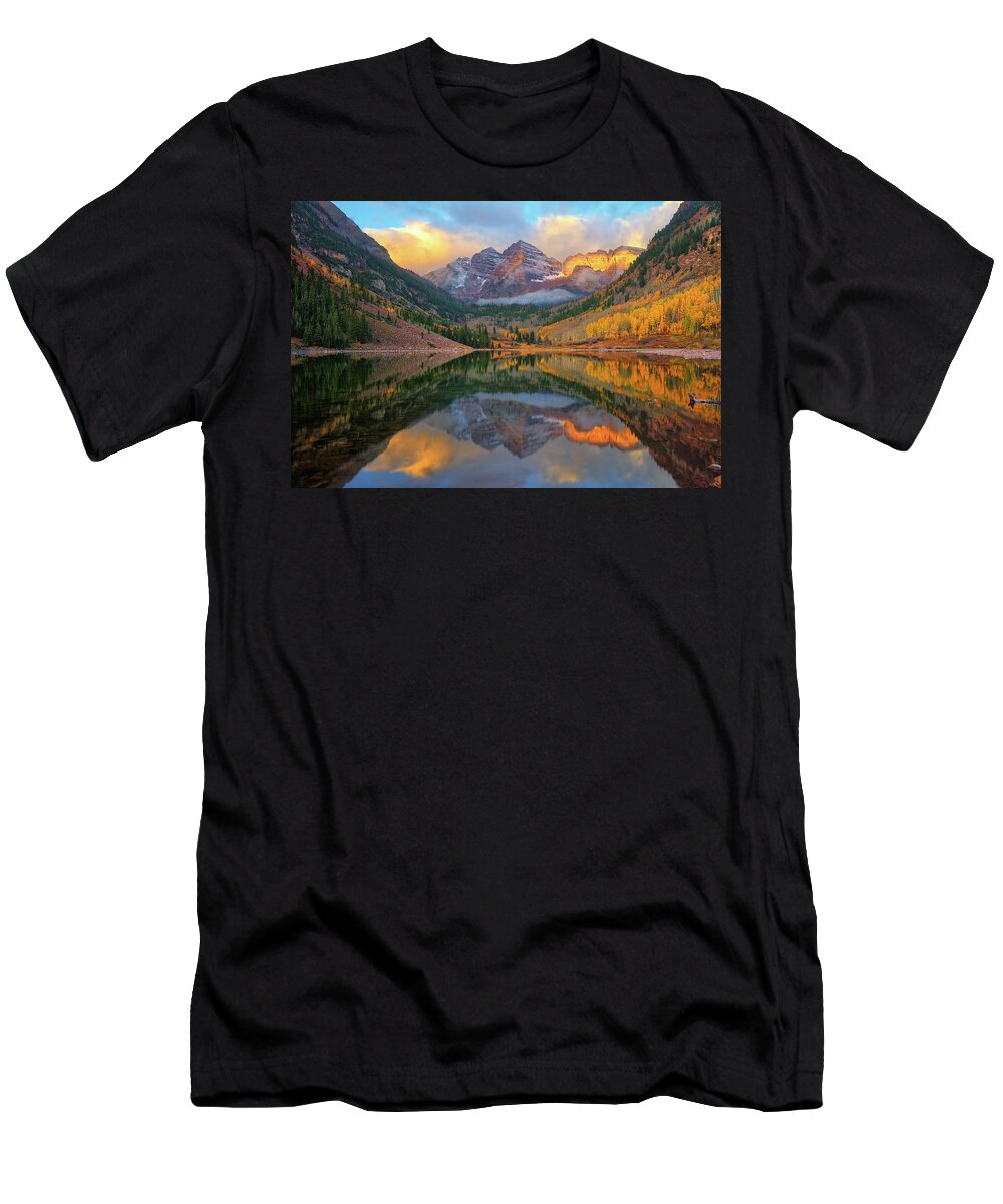 Maroon Bells T-Shirt featuring the photograph Maroon Bells Autumn Reflections by Greg Norrell