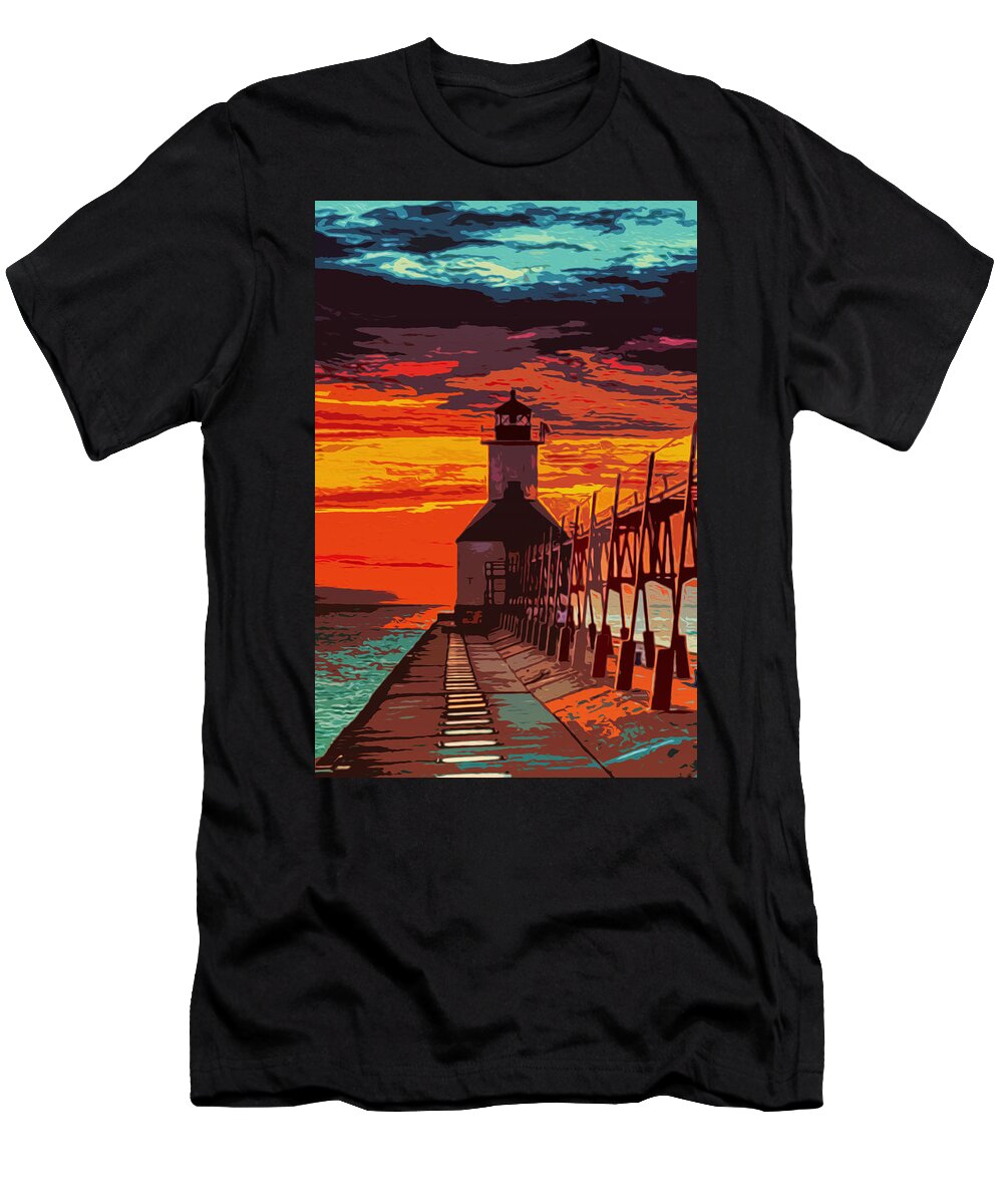 Michigan T-Shirt featuring the painting Michigan - St Joseph lighthouse by AM FineArtPrints