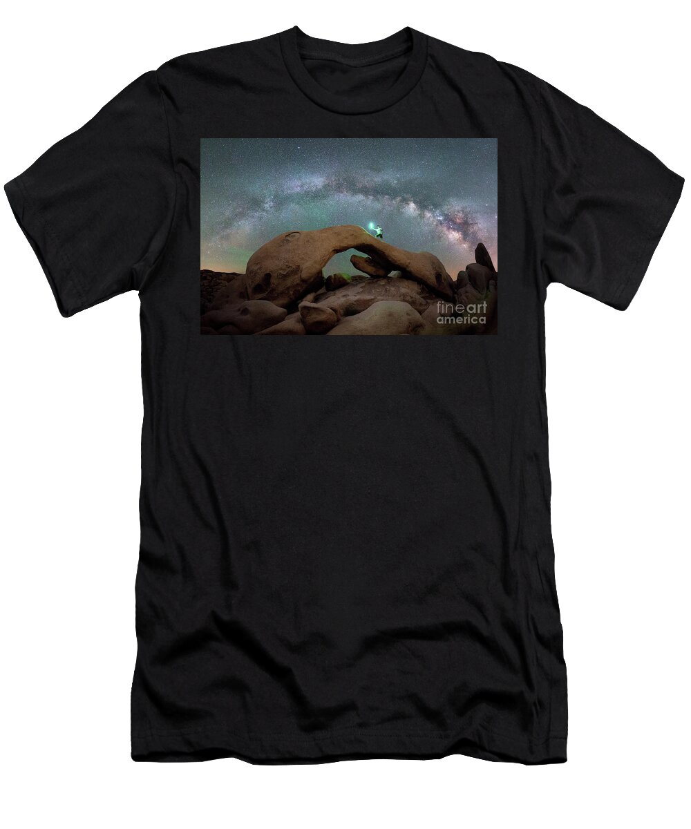 Milky Way T-Shirt featuring the photograph Midnight Explorer On Top Of Arch Rock by Michael Ver Sprill