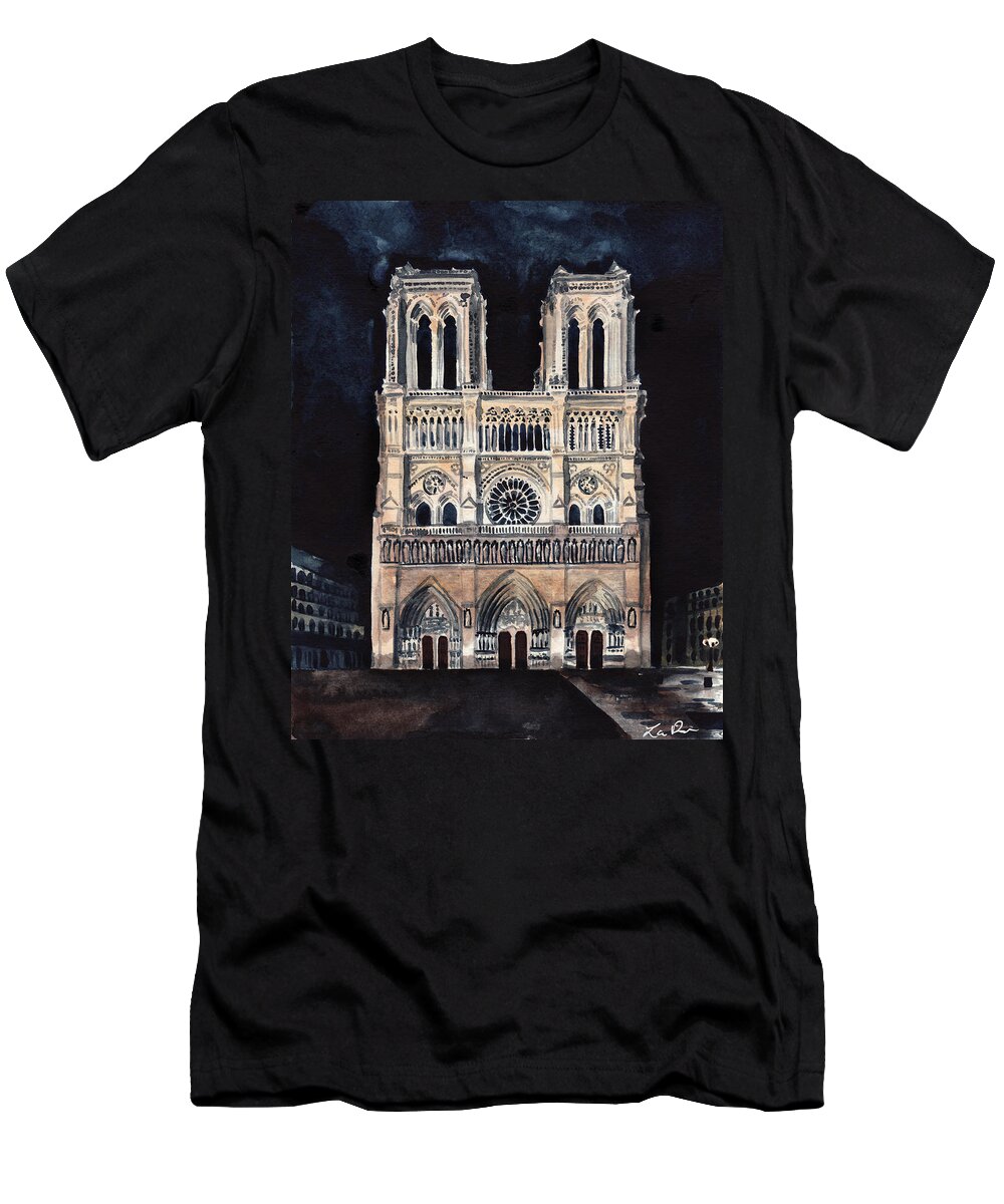 Paris France T-Shirt featuring the painting Midnight in Paris at Notre Dame Cathedral France by Laura Row