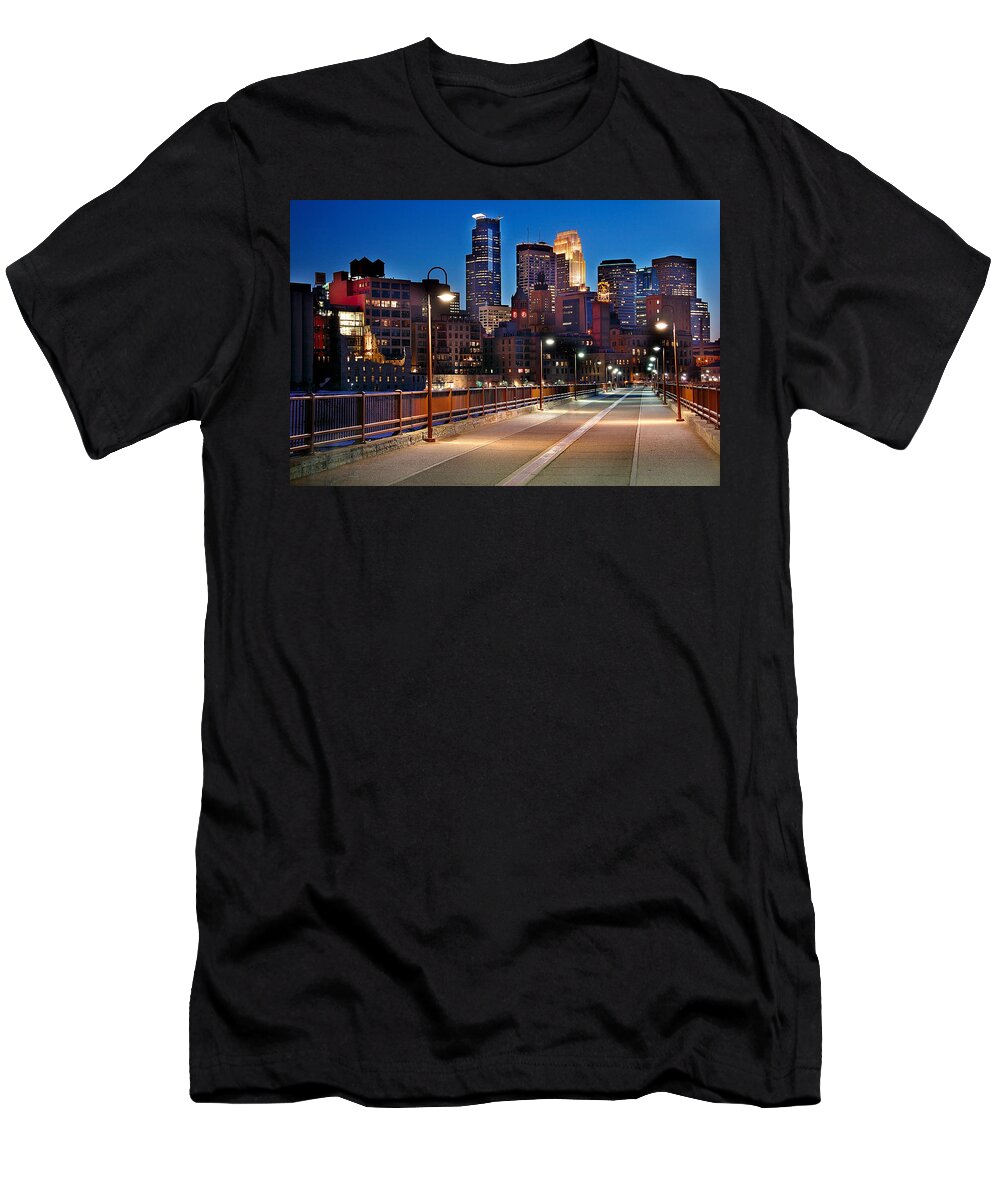 Minneapolis Skyline T-Shirt featuring the photograph Minneapolis Skyline from Stone Arch Bridge by Jon Holiday