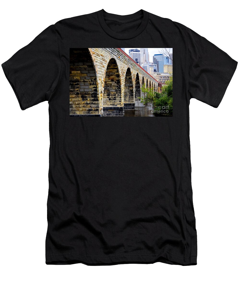 Minneapolis T-Shirt featuring the photograph Minneapolis Stone Arch Bridge Old and New by Wayne Moran
