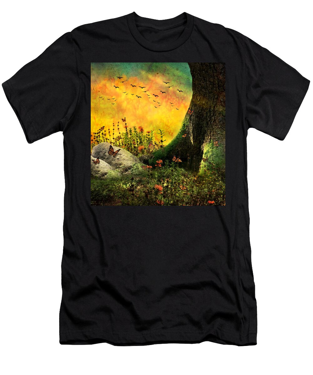 Monarch T-Shirt featuring the mixed media Monarch Meadow by Ally White