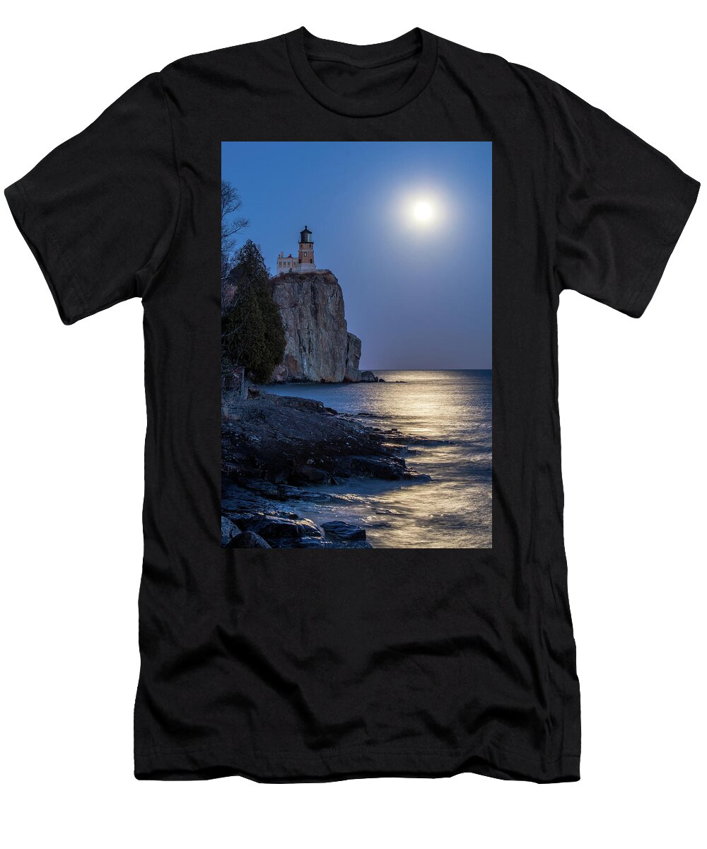 Split Rock Lighthouse T-Shirt featuring the photograph Moon Light On Split Rock by Paul Freidlund
