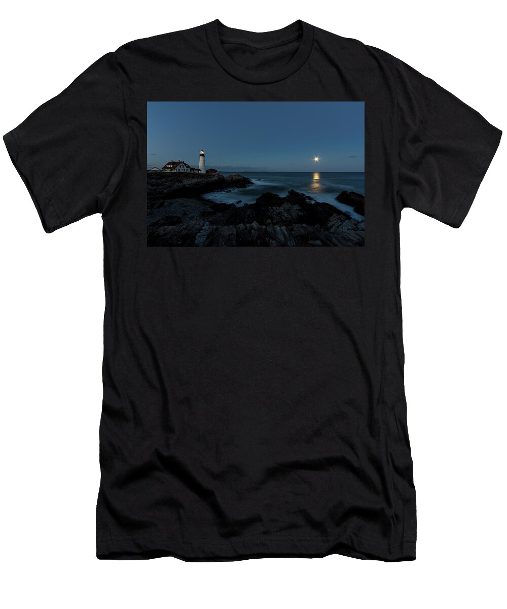 Moon T-Shirt featuring the photograph Moon Rise at Portland Headlight by Darryl Hendricks