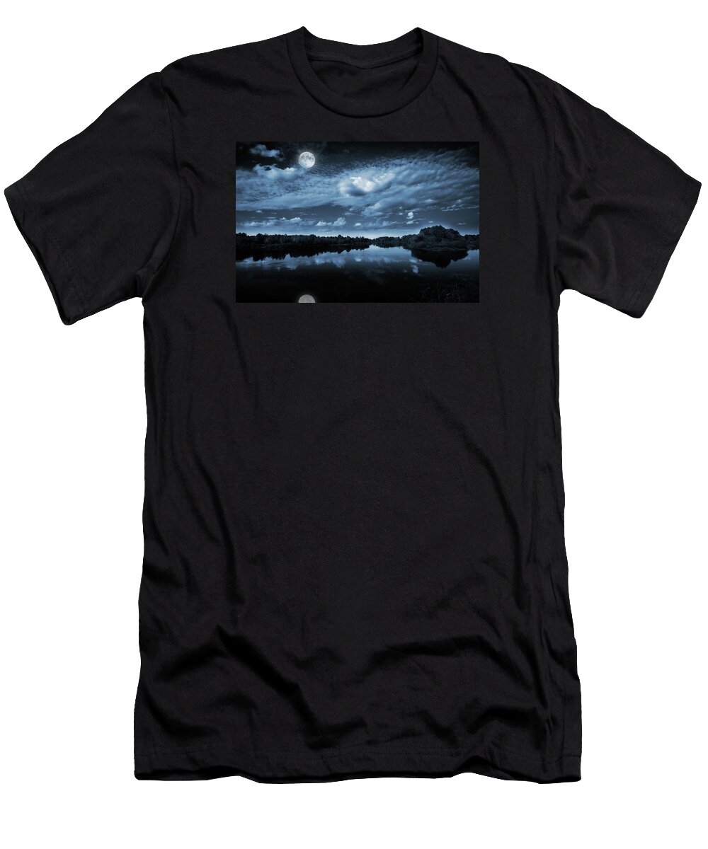 #faatoppicks T-Shirt featuring the photograph Moonlight over a lake by Jaroslaw Grudzinski