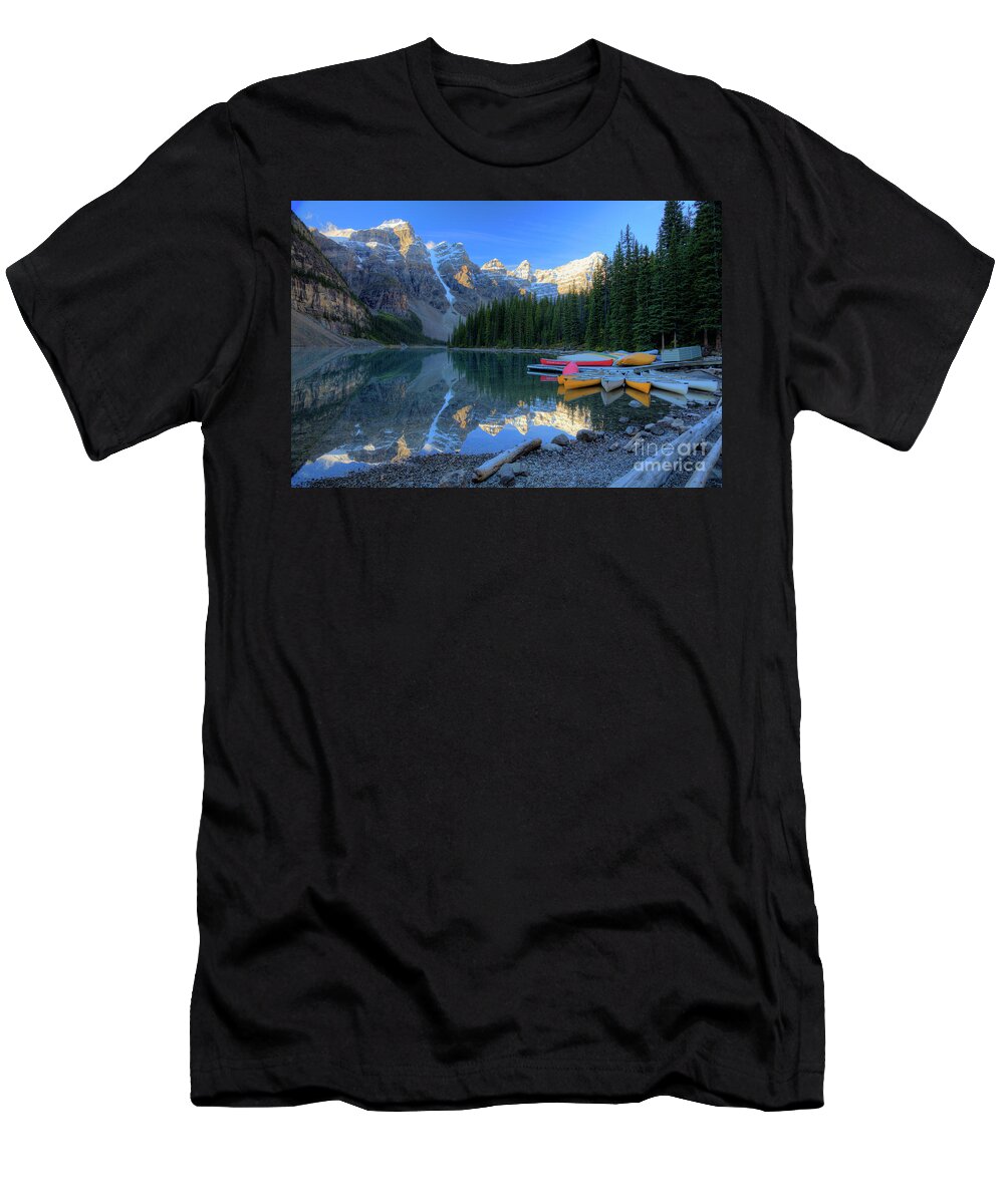 Lake Louise T-Shirt featuring the photograph Moraine Lake Sunrise Blue Skies Canoes by Wayne Moran