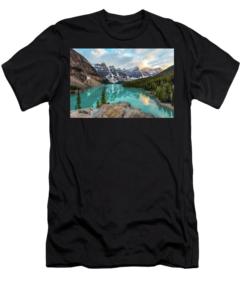 Lake T-Shirt featuring the photograph Moraine Lake Sunset by Mike Centioli
