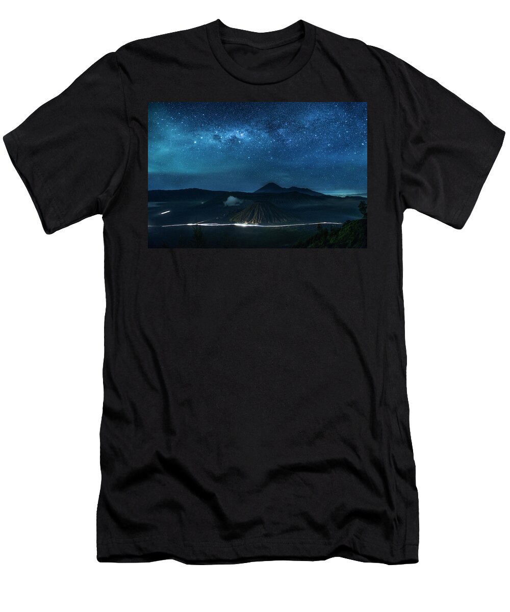 Landscape T-Shirt featuring the photograph Mount Bromo resting under million stars by Pradeep Raja Prints