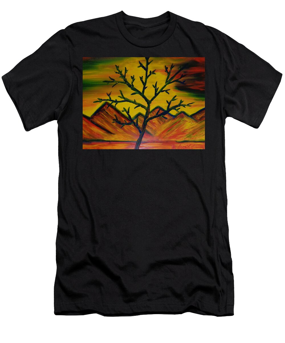 Mountain Sunset Tree Finger Painted Painting T-Shirt for Kinnaman