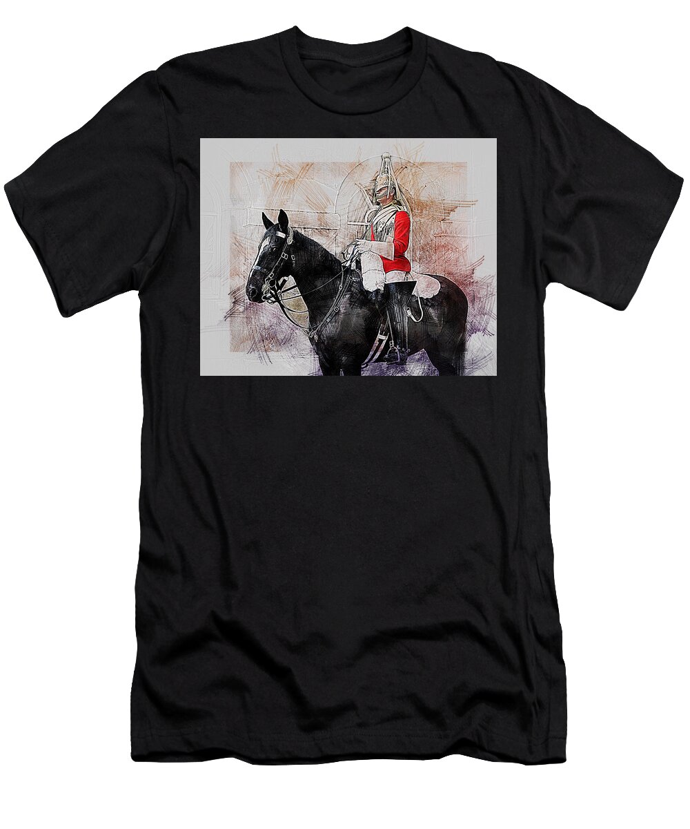 Household Cavalry T-Shirt featuring the digital art Mounted Household Cavalry Soldier On Guard Duty in Whitehall Lon by Anthony Murphy