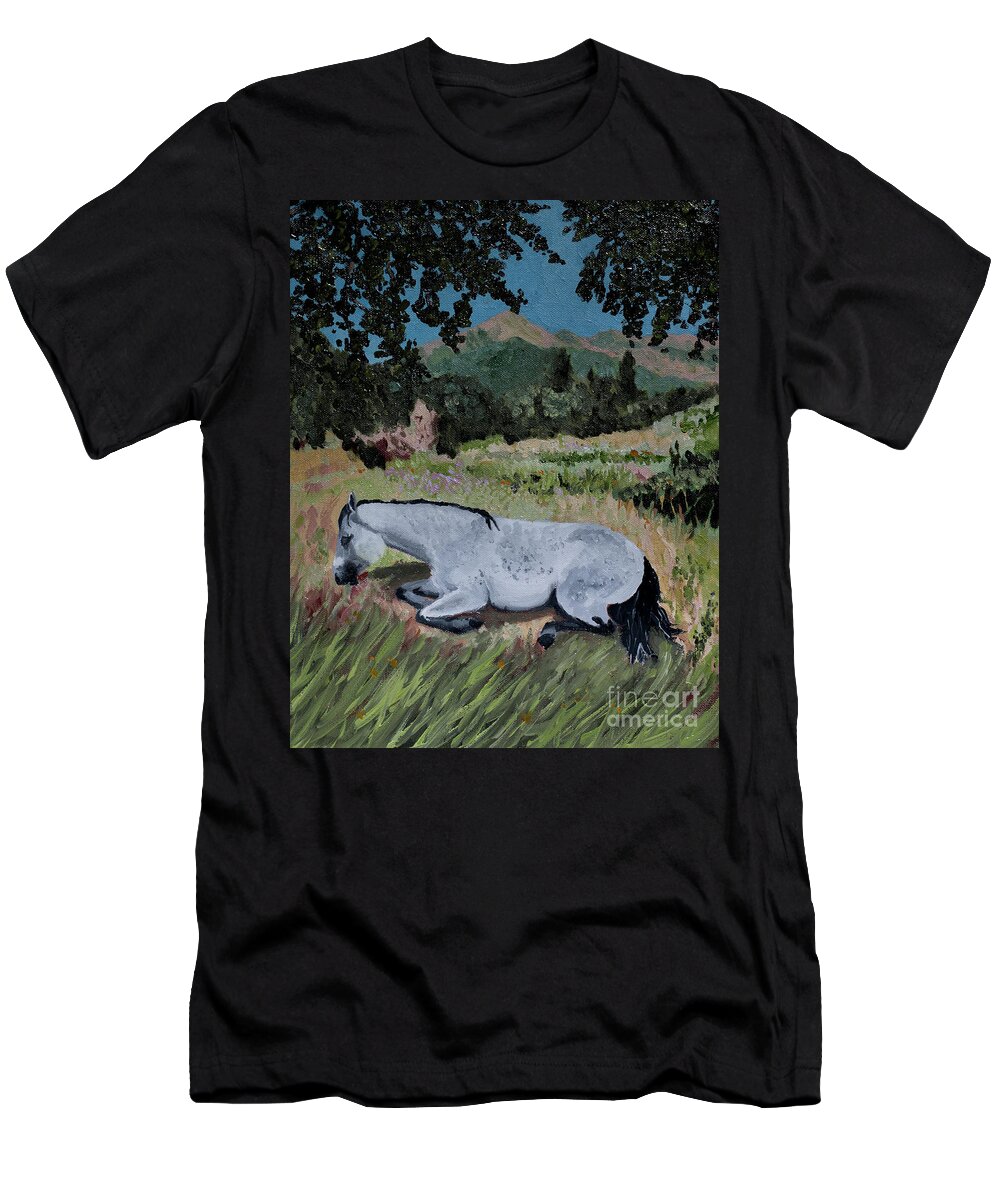 Landscape T-Shirt featuring the painting Napping Horse by Jackie MacNair