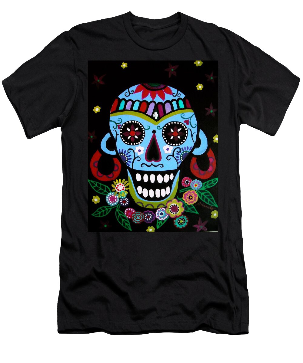 Native T-Shirt featuring the painting Native Dia De Los Muertos Skull by Pristine Cartera Turkus