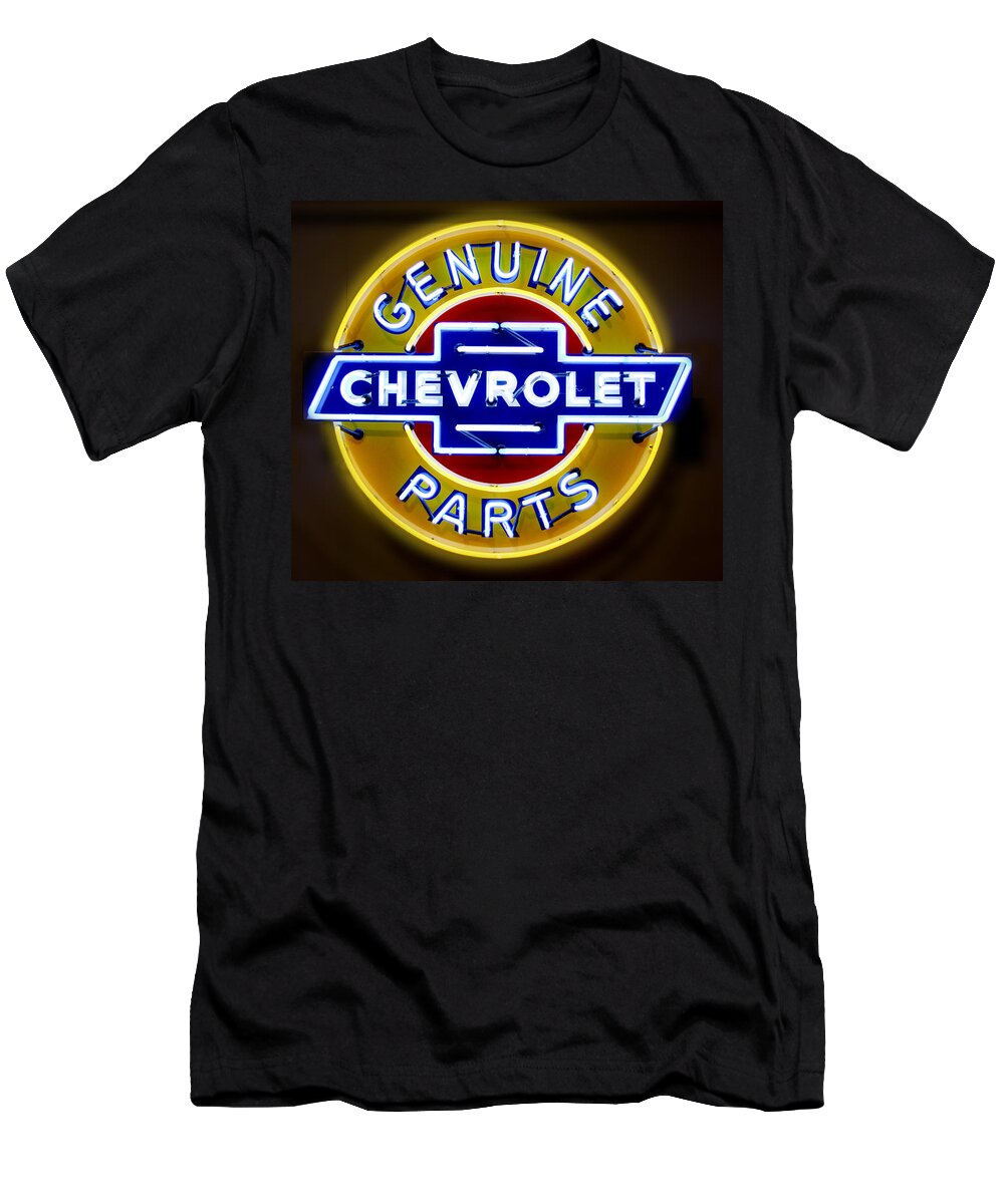Neon Sign T-Shirt featuring the photograph Neon Genuine Chevrolet Parts Sign by Mike McGlothlen