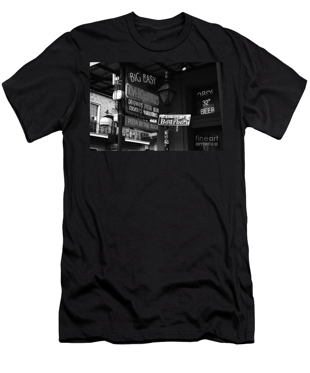 New Orleans T-Shirt featuring the photograph Neon Sign on Bourbon Street Corner French Quarter New Orleans Black and White by Shawn O'Brien