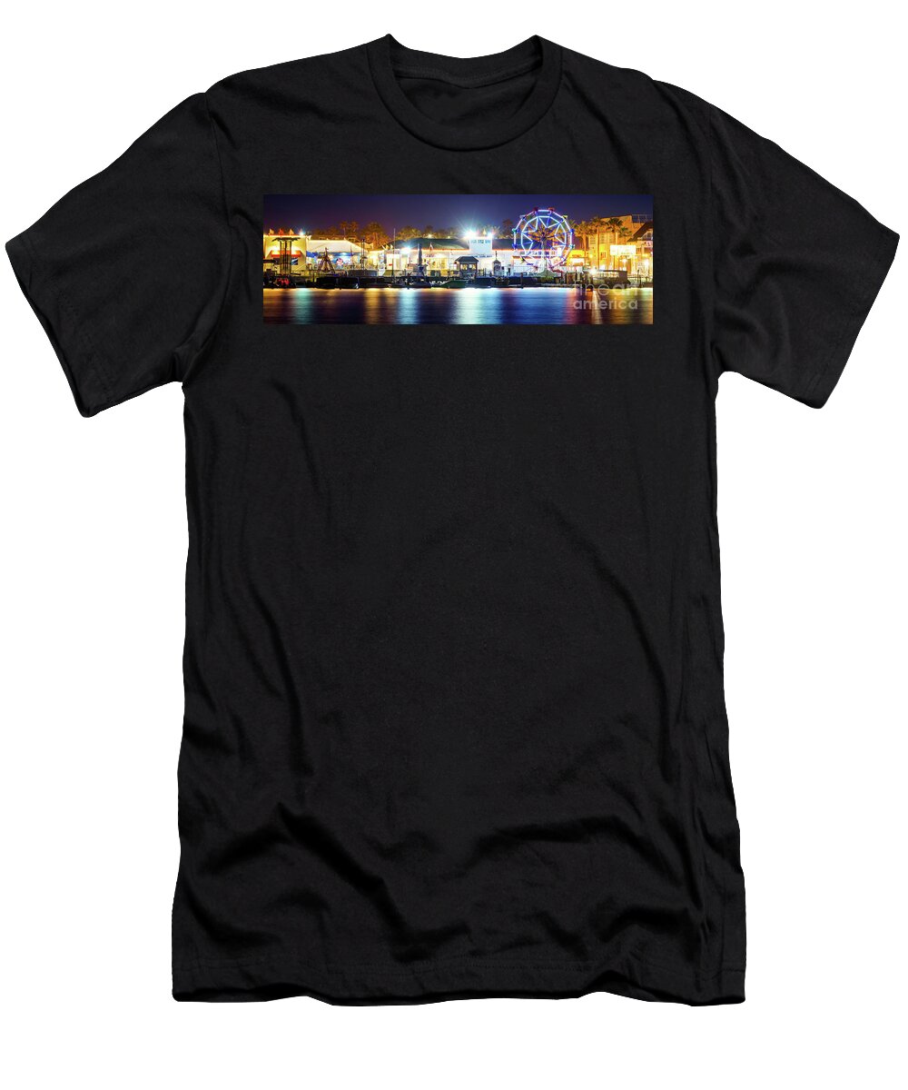 2017 T-Shirt featuring the photograph Newport Balboa Fun Zone at Night Panorama Photo by Paul Velgos