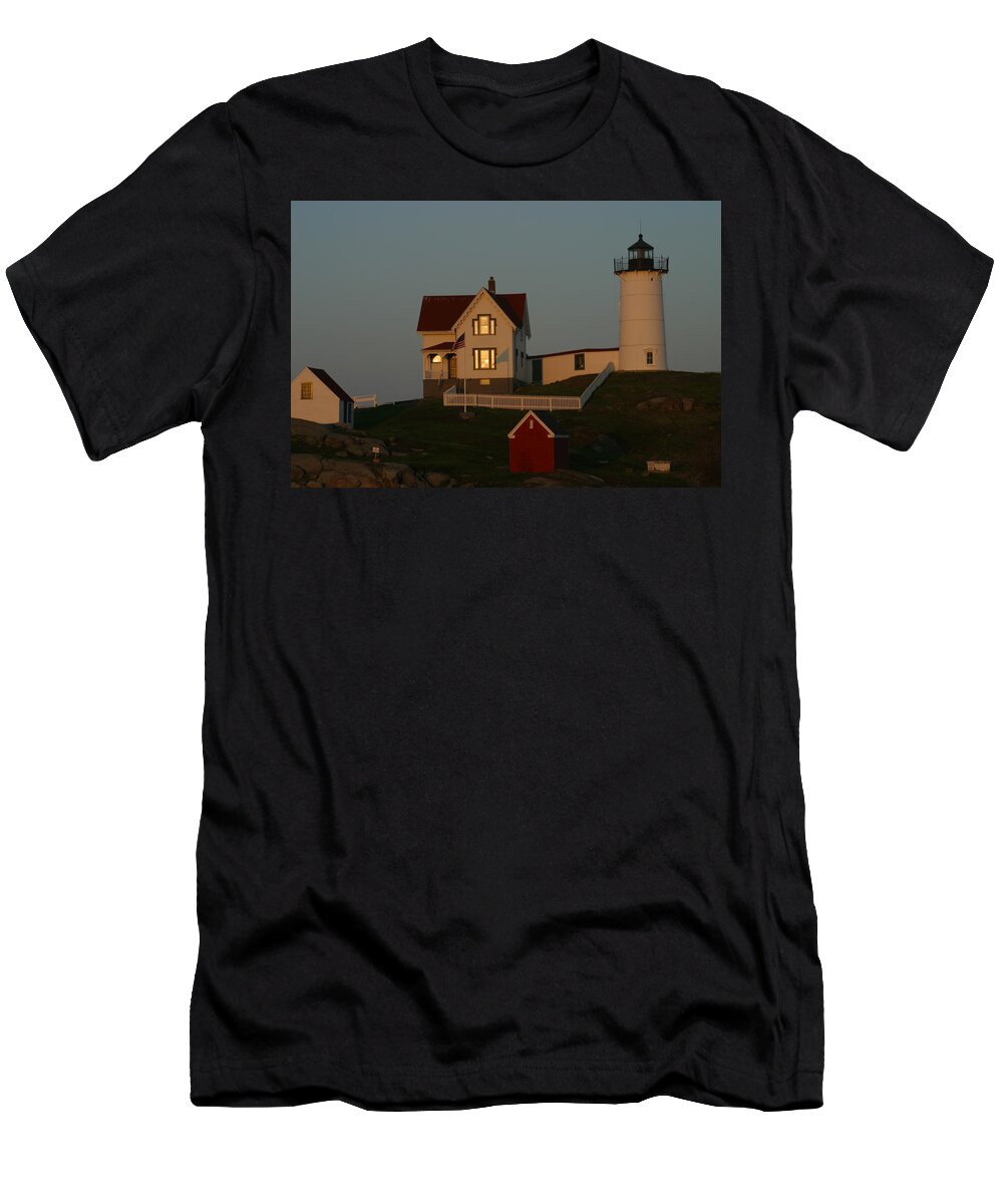 Nubble Light T-Shirt featuring the painting Nubble Light at sunset by Imagery-at- Work