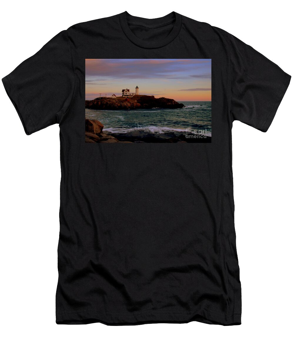  T-Shirt featuring the photograph Nubble light at sunset by Lennie Malvone