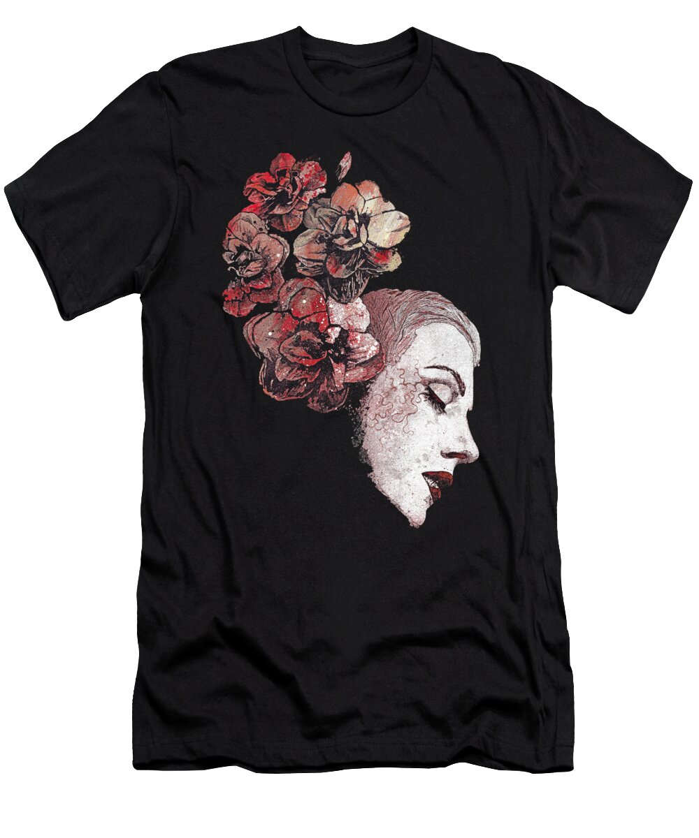 Flowers T-Shirt featuring the painting Obey Me - Blood - graffiti flower lady portrait by Marco Paludet