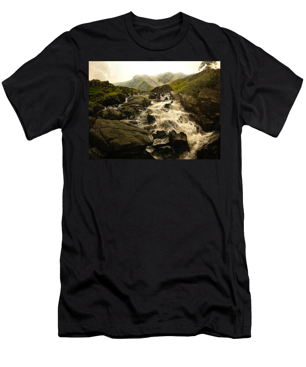 Landscape T-Shirt featuring the painting Ogwen Falls by Harry Robertson