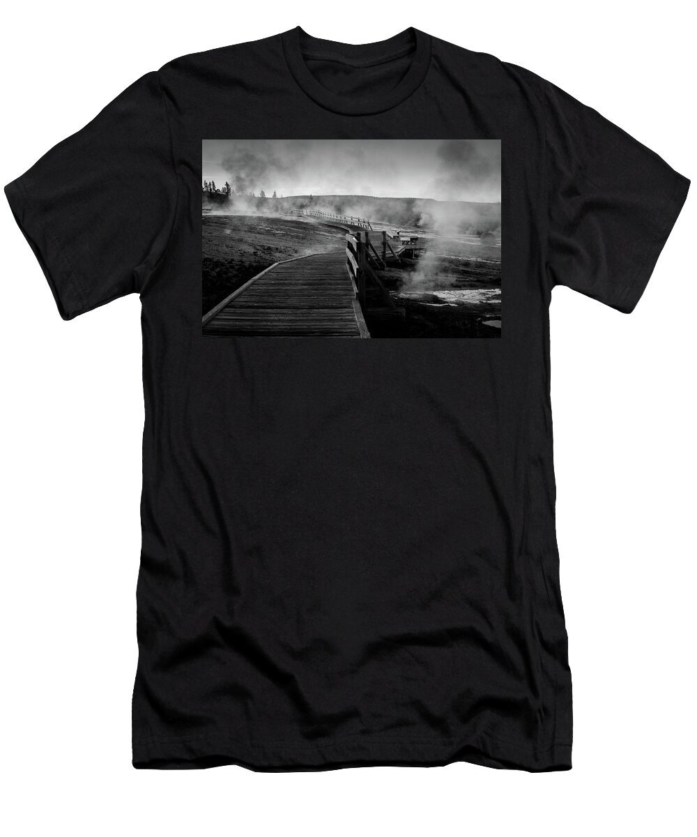 Old Faithful T-Shirt featuring the photograph Old Faithful boardwalk by Stephen Holst