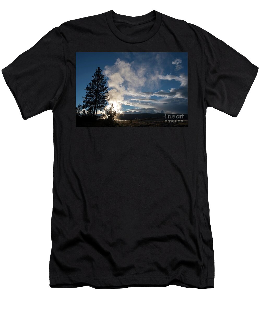 Old Faithfull T-Shirt featuring the photograph Old Faithfull at sunset by Cindy Murphy - NightVisions
