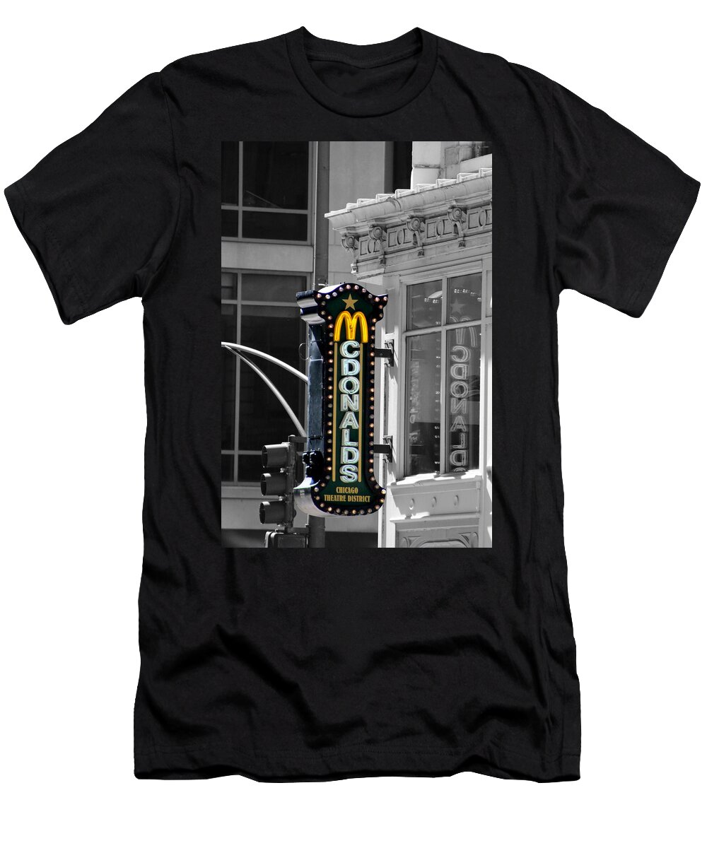 Mcdonalds T-Shirt featuring the photograph Old McDonalds Sign in Downtown Chicago Selective Coloring by Colleen Cornelius