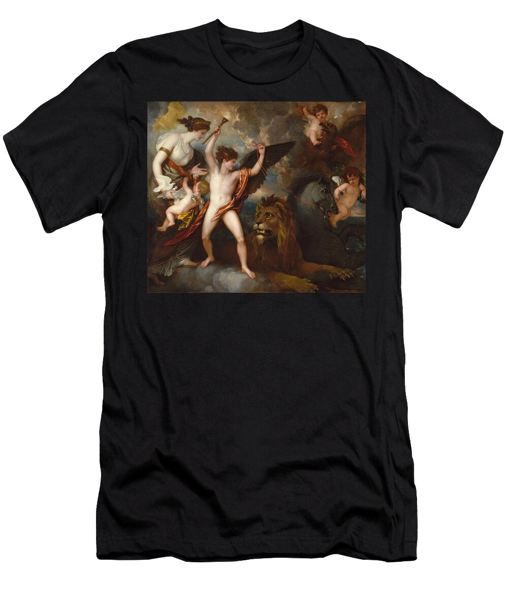 Benjamin West T-Shirt featuring the painting Omnia Vincit Amor or The Power of Love in the Three Elements by Benjamin West