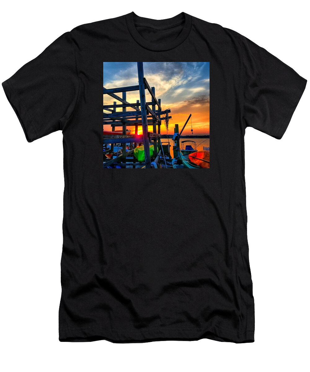 Sunset T-Shirt featuring the photograph Kayaks in the Sun by Lauren Fitzpatrick