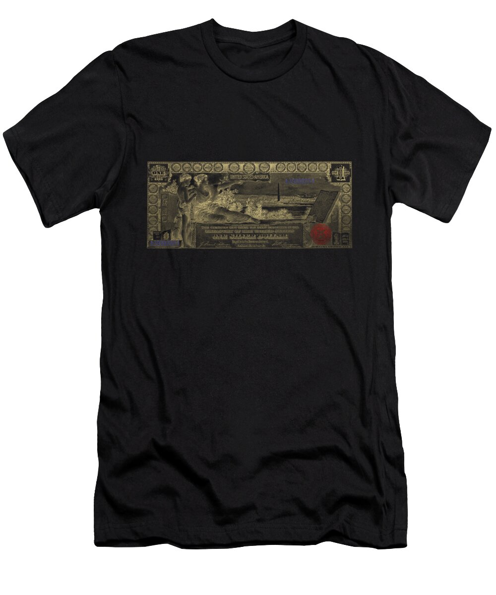 'paper Currency' By Serge Averbukh T-Shirt featuring the digital art One U.S. Dollar Bill - 1896 Educational Series in Gold on Black by Serge Averbukh