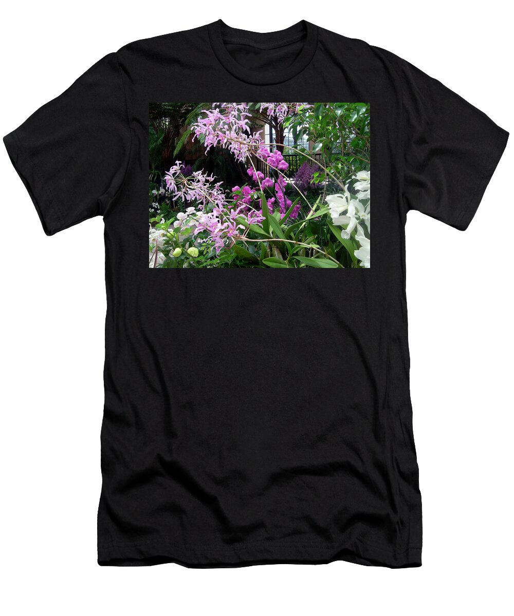 Blooming Moth Orchid Art Print T-Shirt featuring the photograph Orchid Sprays in the Atrium by Susan Maxwell Schmidt