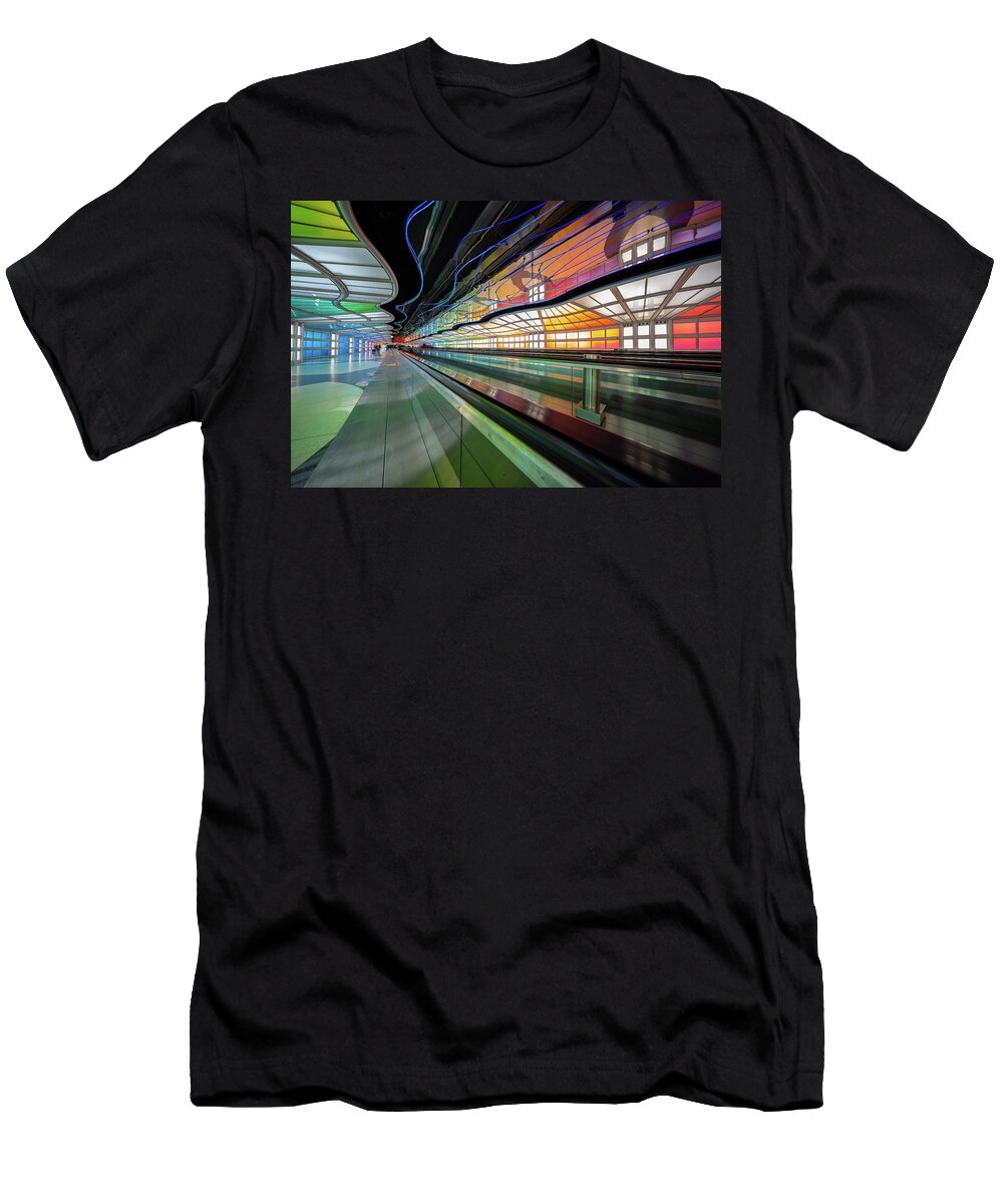 Airport T-Shirt featuring the photograph Illuminated Underpass, Chicago Airport by Judith Barath