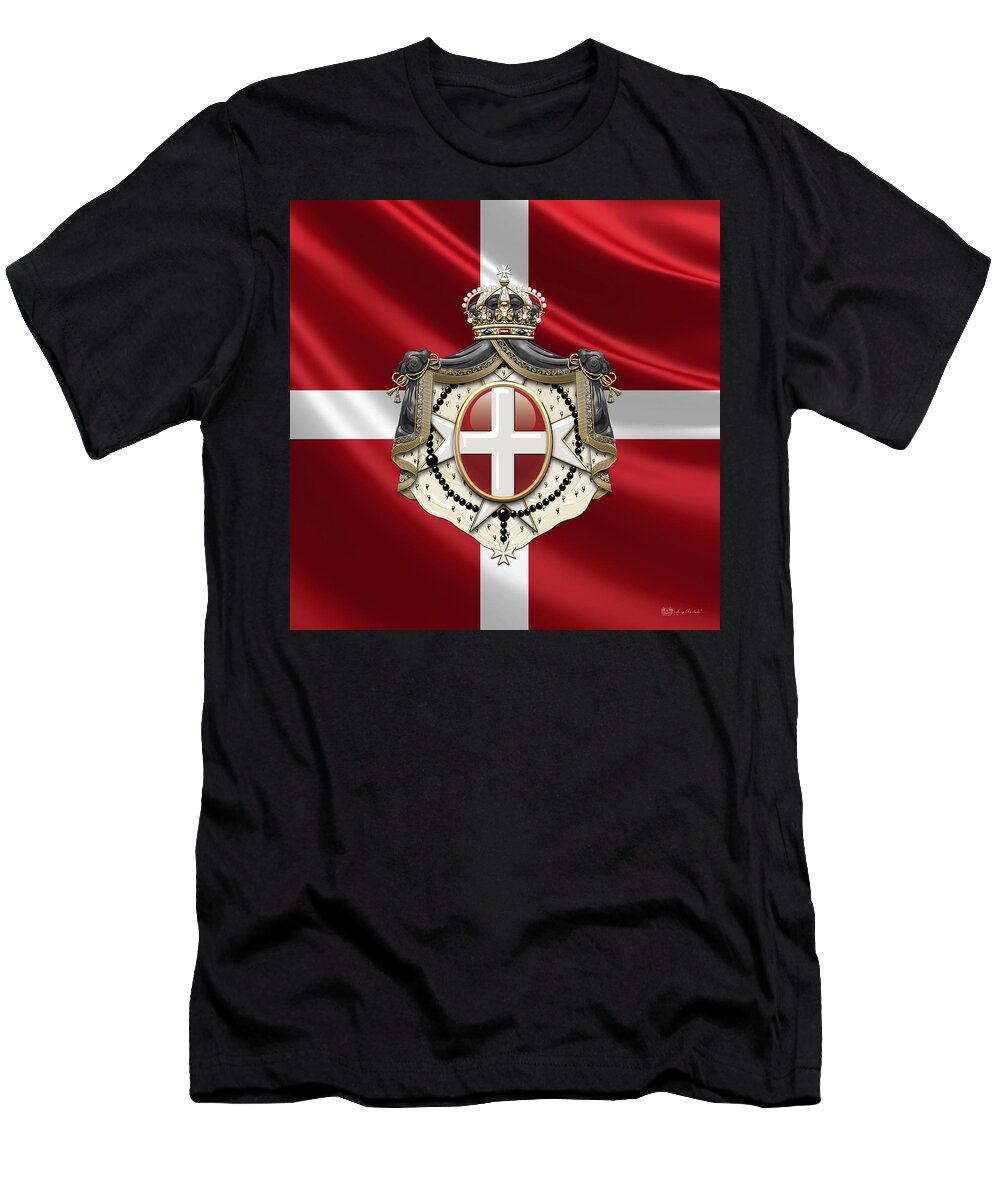 �ancient Brotherhoods� Collection By Serge Averbukh T-Shirt featuring the photograph Order of Malta Coat of Arms over Flag by Serge Averbukh