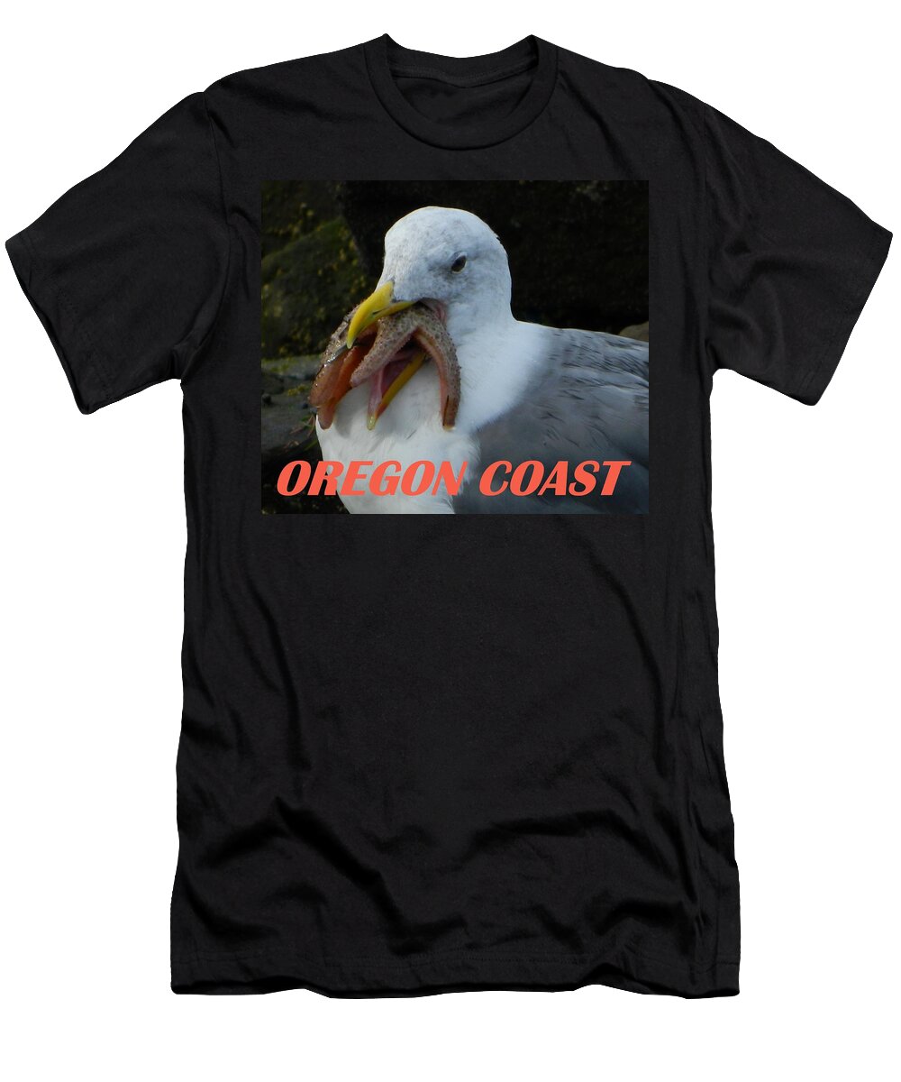 Seagull T-Shirt featuring the photograph Oregon Coast Seagull Eating Starfish by Gallery Of Hope 