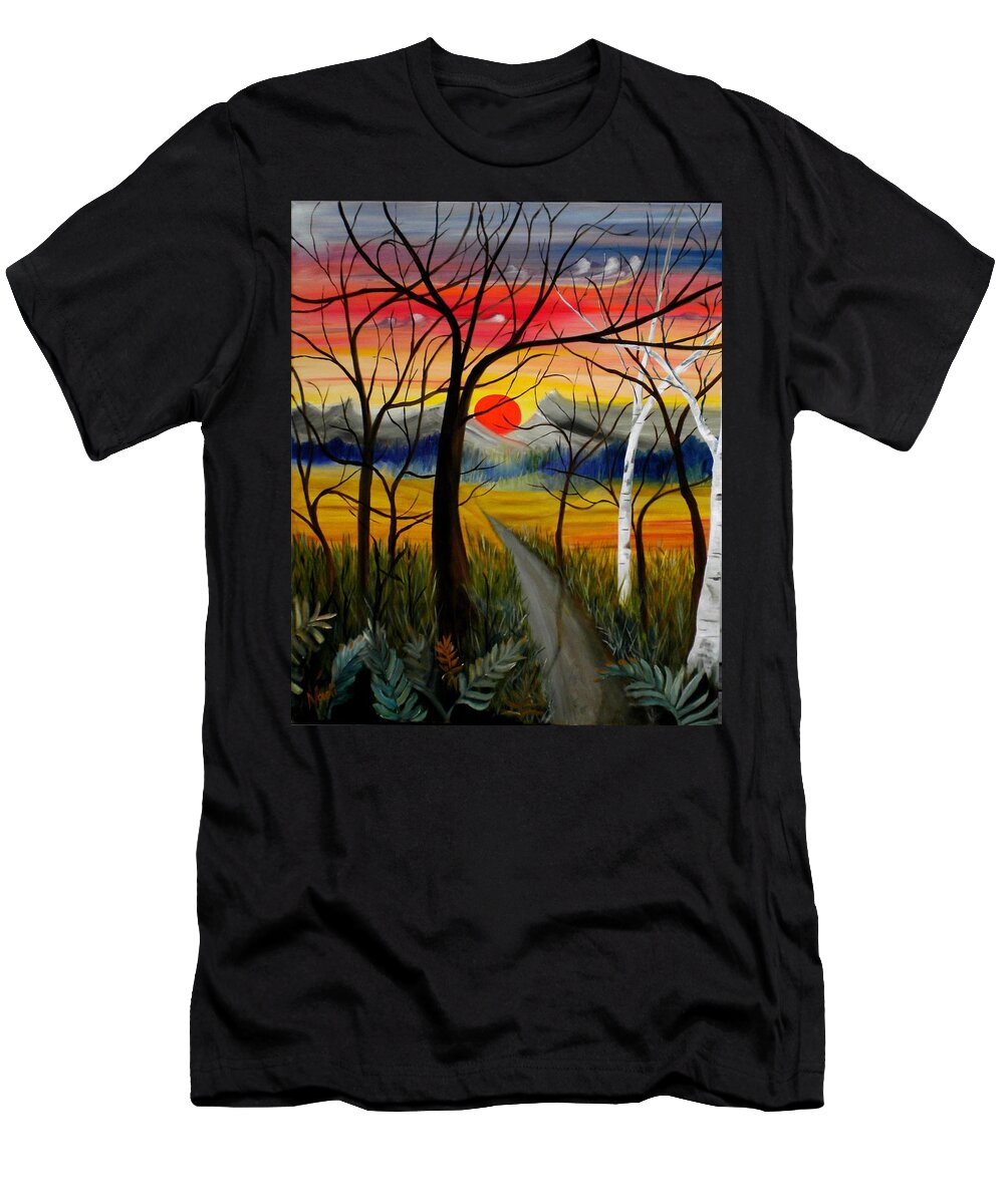 Sunset T-Shirt featuring the painting Out of the Woods by Renate Wesley